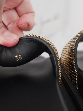 Black Sandals with Gold Chain Trim - Size 38